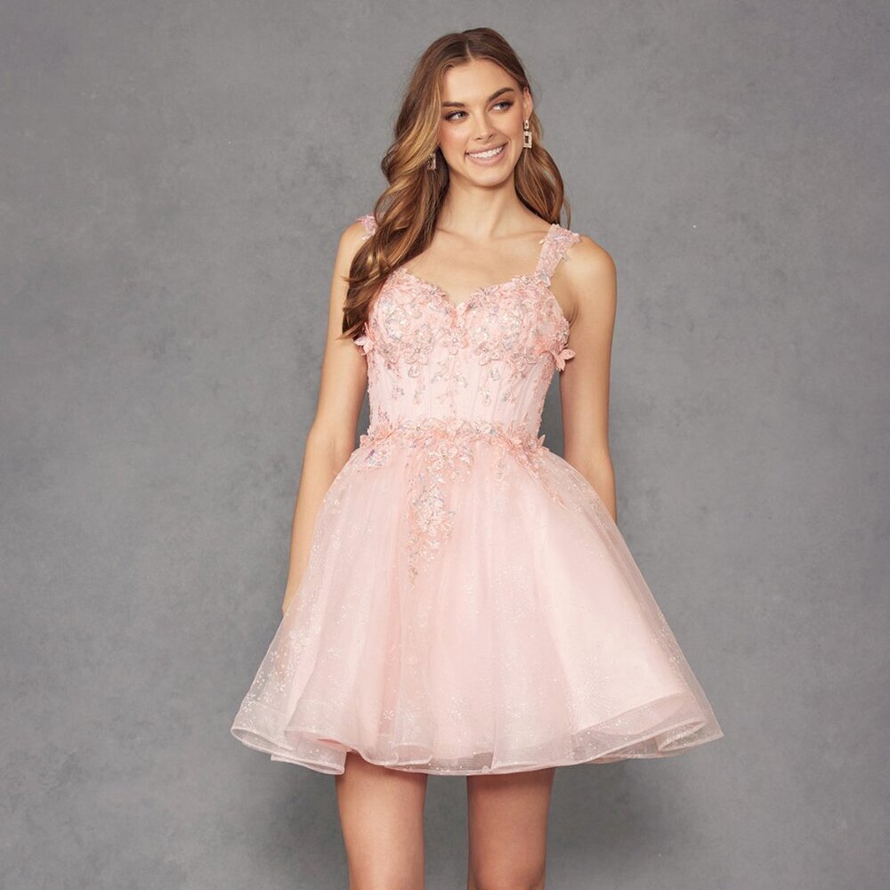 New Formal Sequins Embellished Floral Mini Layered Dress w/ Lace Up JT976L